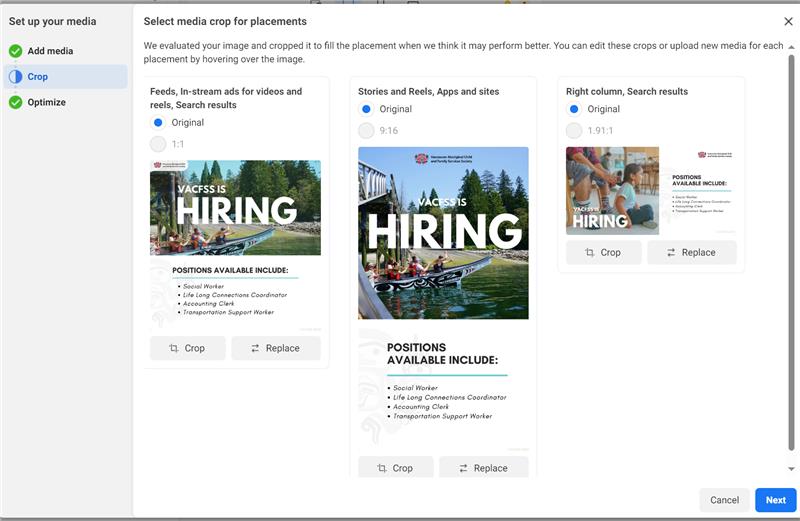 VACFSS recruitment ad creative across Feed, Stories, and Search placements